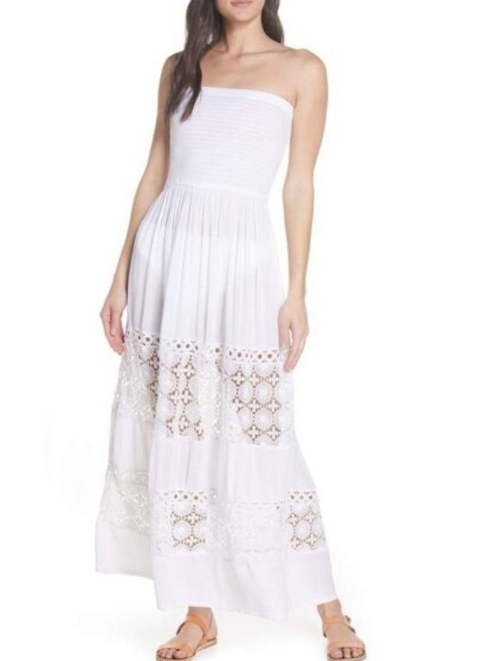 Chelsea28 White Strapless Lace-Panel Maxi Dress/Coverup